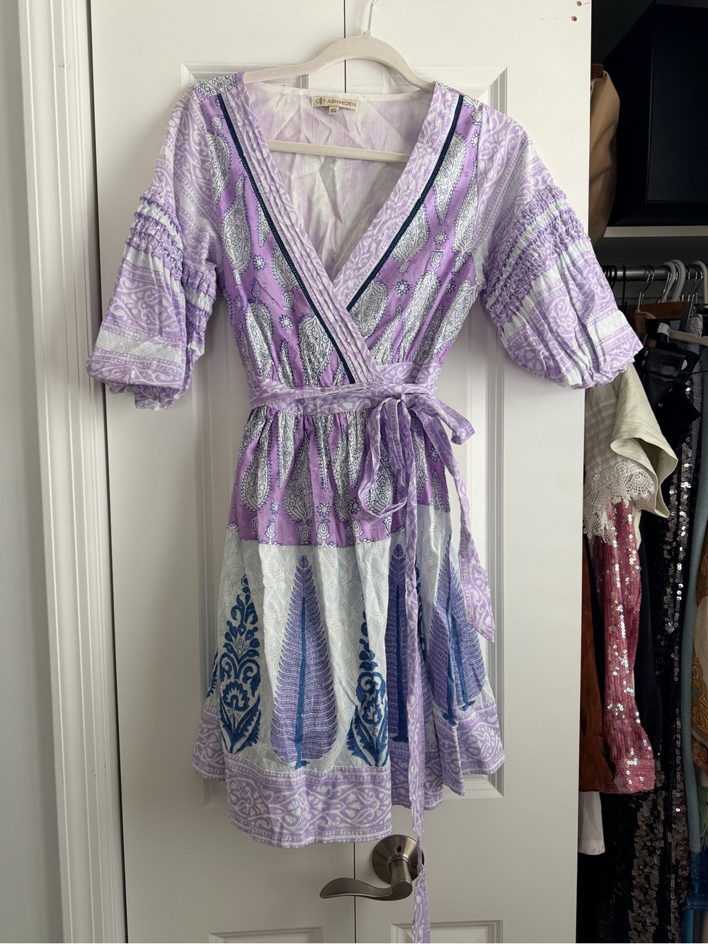 Lavender Boho Wrap Mini Dress with Navy Accents